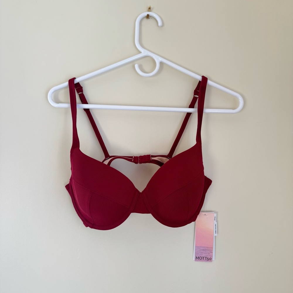 Mott50 Deep Red mulberry Solid Rib Underwire Swim Bikini Bra - 34D